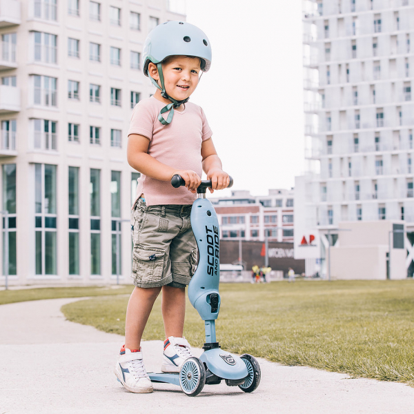 Детский защитный шлем Scoot and Ride, серо-синий, с фонариком, 51-55 см